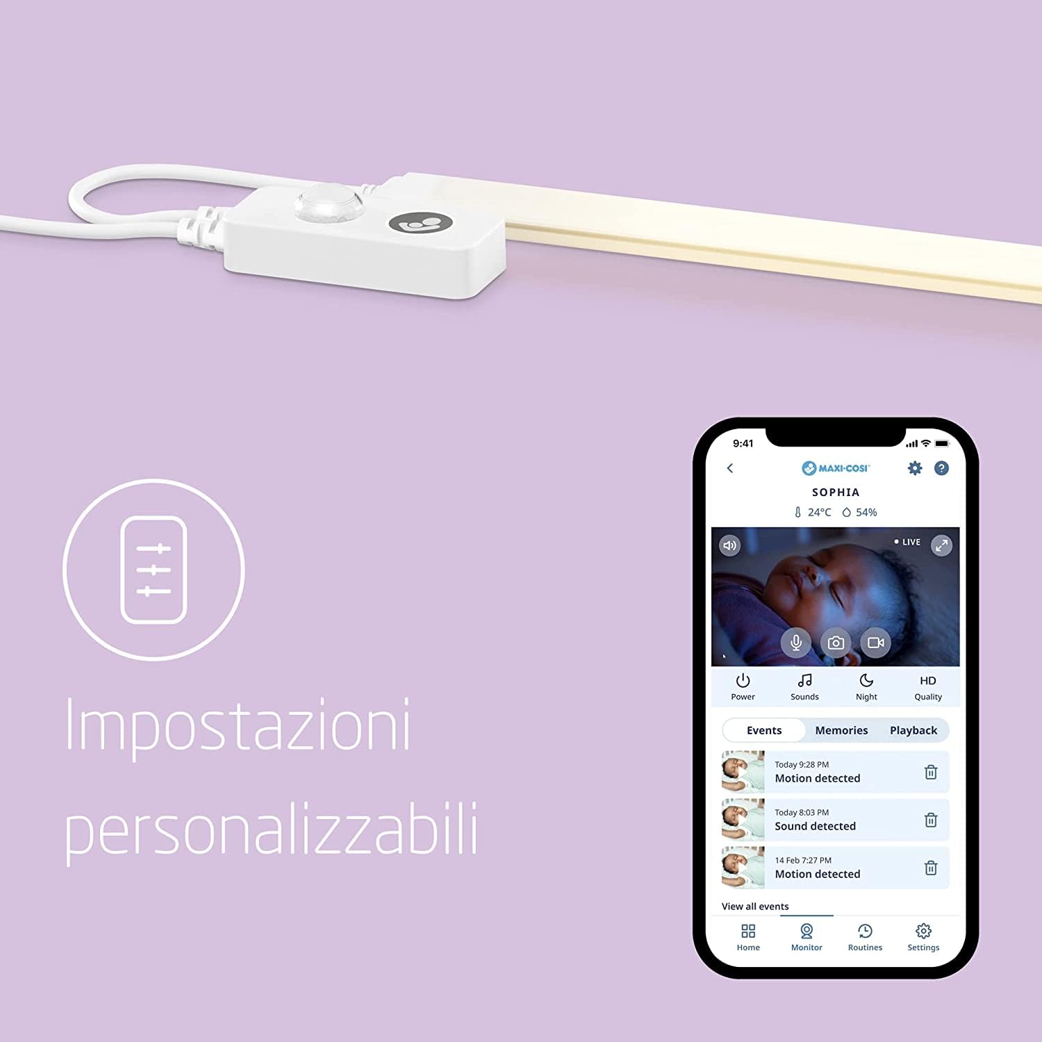 Maxi-Cosi Glow Luce Notturna bambini, luce intelligente dimmerabile multicolore con rilevatore di movimento, attivabile tramite app o comando vocale, compatibile con Amazon Alexa e Google Home