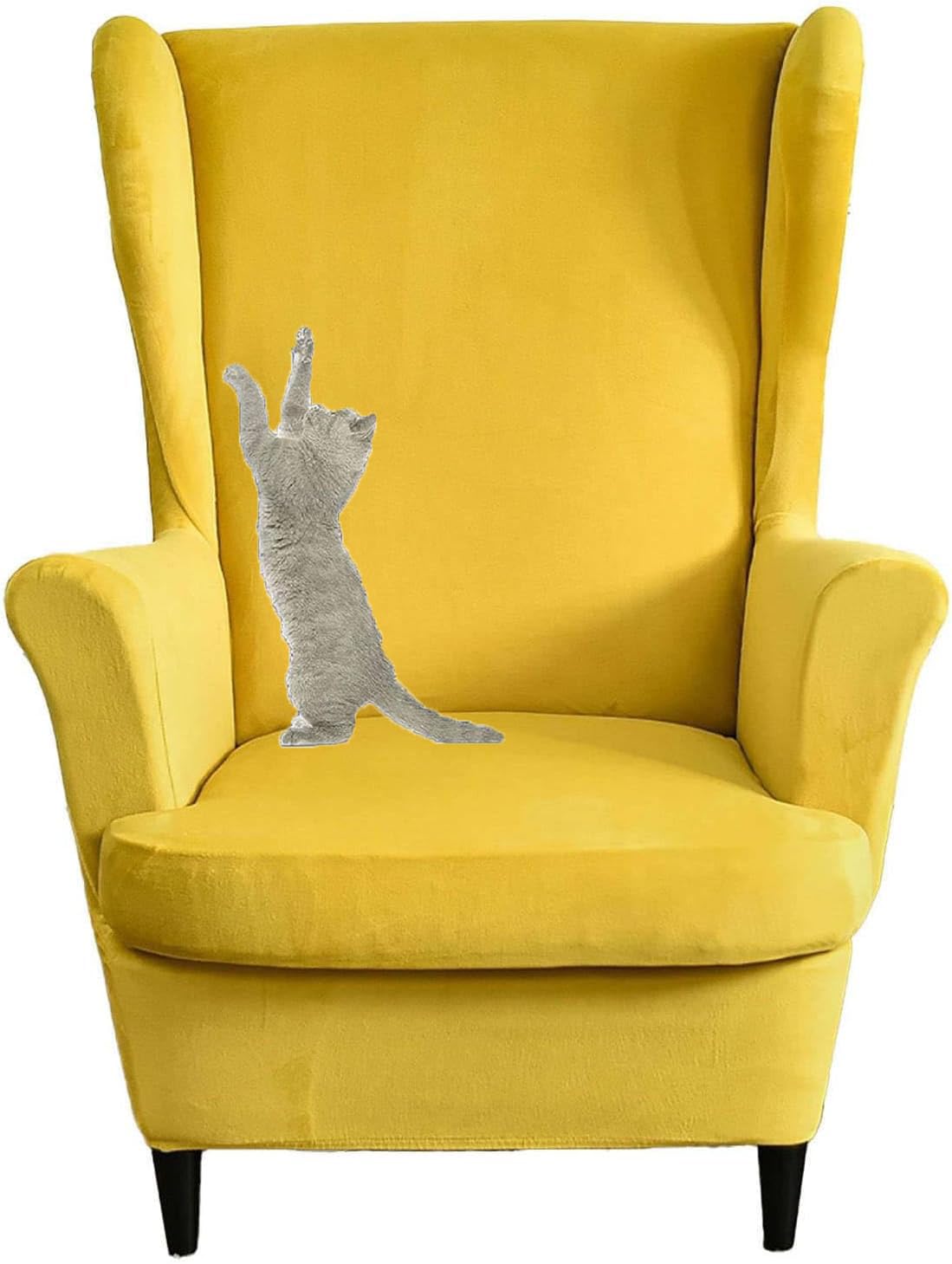 HACLEN Velvet Wingback Chair Cover 2 Pieces, Wingback Armchair Slipcover Stretch Wing Chair Cover Removable for Living Room (Yellow,one size)