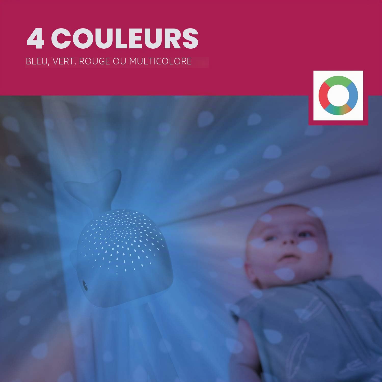 ZAZU Wally The Whale Projecteur de lumière pour bébé avec mélodies apaisantes | battements de cœur, son de l'océan ou musique de salon | Volume variable | Capteur de cri | Arrêt automatique