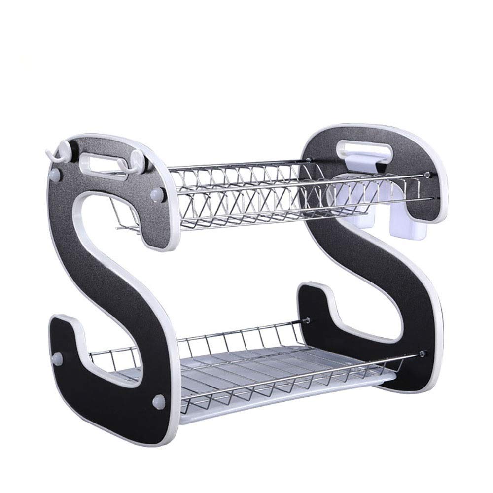 GLJTUO Multifunctional Two Layer Dish Drainer Rack for Kitchen Utensil Holder and Drying Rack in Black (Black 40Cm),Black-40Cm