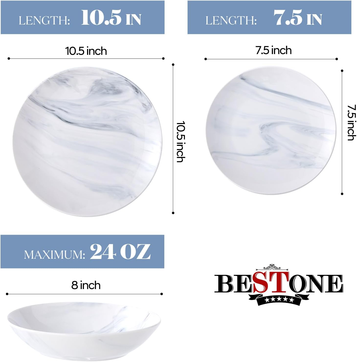 Bestone 12-Piece Round Kitchen Dinnerware Set, Plates, Bowls, Service for 4, Blue and White Marble