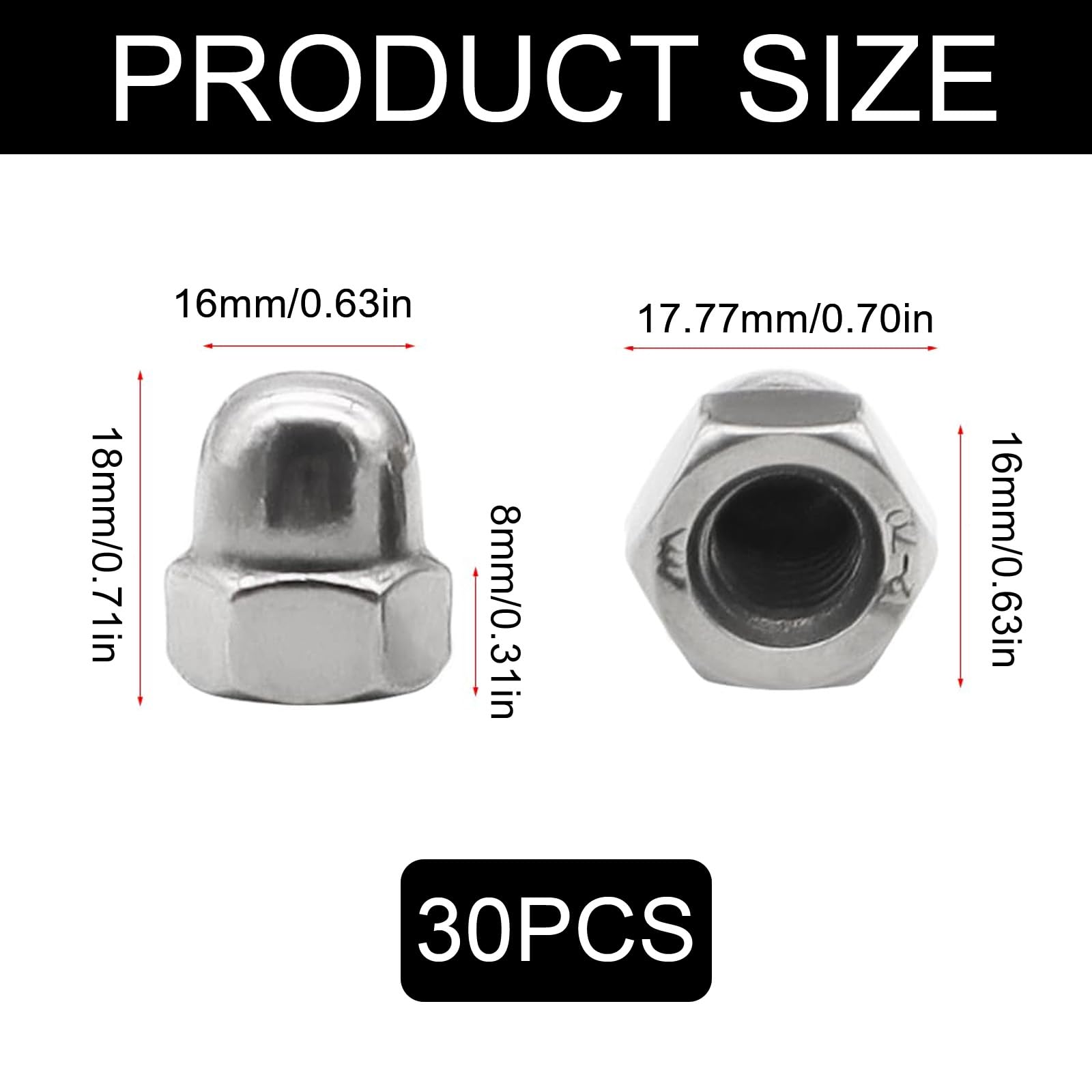 Dadi cappuccio M10 (DIN 1587),30 pezzi Dado a cappuccio in Acciaio Inox A2 V2A, Esagonali Dadi Cappuccio in Acciaio Inossidabile per Viti, Barre Filettate e Bulloni Filettati