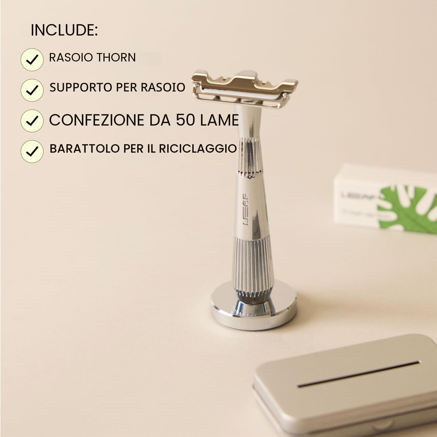 Leaf Shave - | Il set di coltelli Thorn, cromato: set regalo include 1 coltello Thorn, 1 porta coltelli Thorn abbinato, 1