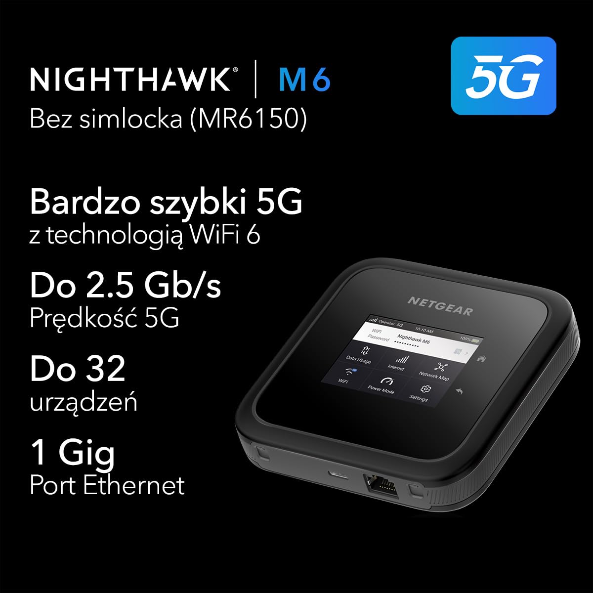 NETGEAR Nighthawk M6 5G Router mobilny WiFi 6 (MR6150) – szybkie i bezpieczne połączenie do 2,5 Gb/s – udostępnia internet dla 32 urządzeń – odblokowany, obsługuje roaming międzynarodowy