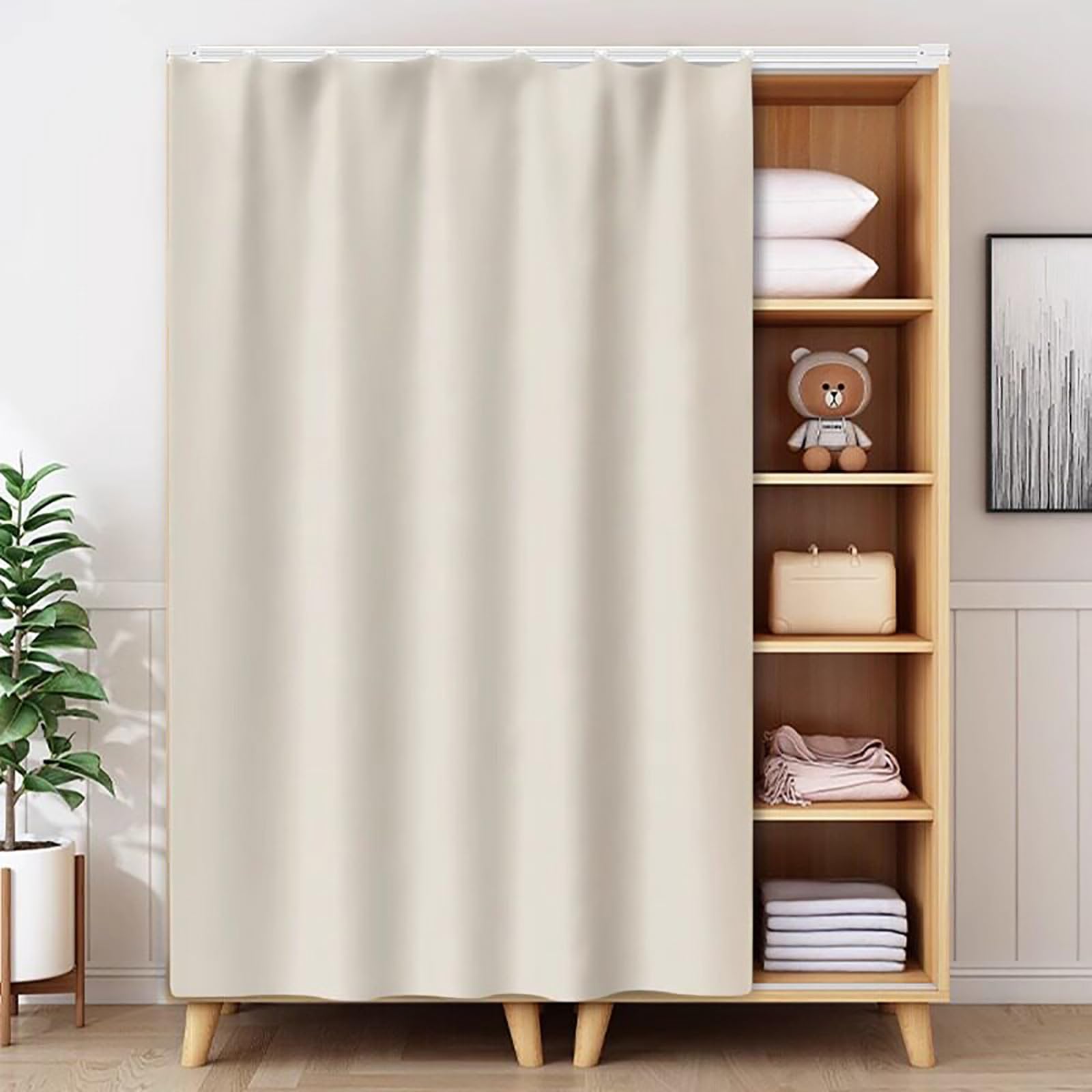 sans Perçage Rideau Placard, Anti-poussière et Auto-adhésif Rideau Cuisine, Peluche Courte Rideau sous Evier, Rideau Occultant Court pour Cuisine/Salle Bain/Dressing(Beige,180 x 180 cm)