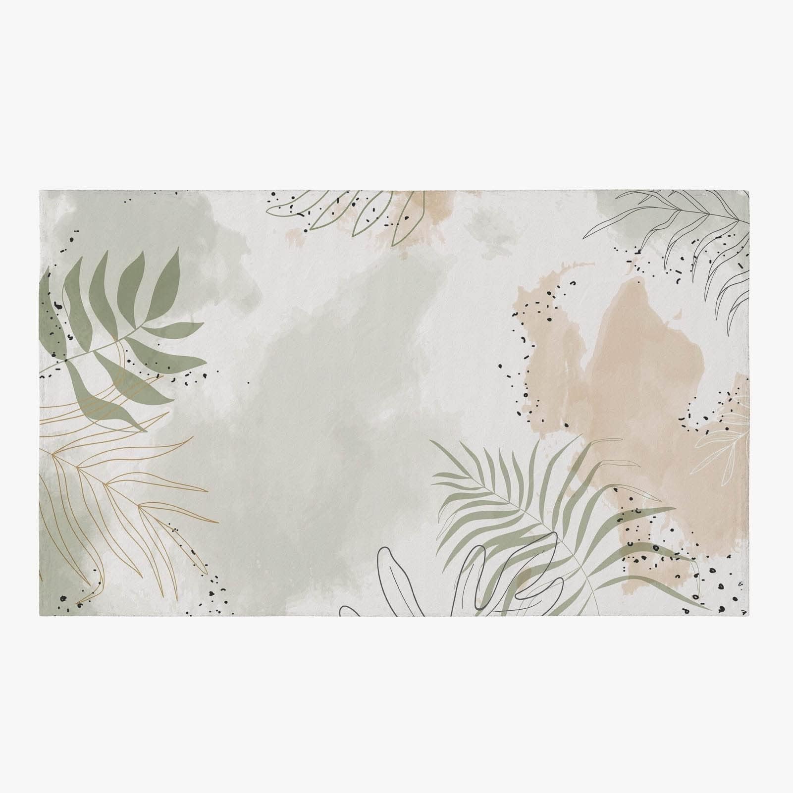 Tapis de Sol Minimaliste et Moderne à Motif de Feuilles de Plantes, Vert Sauge, Aquarelle Simple, pour Salon ou Chambre d'enfant (160 x 230 cm).