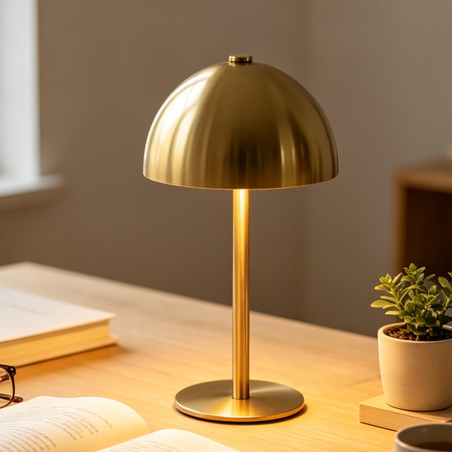 OOWOKS LED Mushroom Table Lamp Metal Cordless Dimmable with Touch Control Gold USB Rechargeable 1800mAh Battery Bedside Lamp Cordless Portable Night Light, Bedroom Lamp,Gold