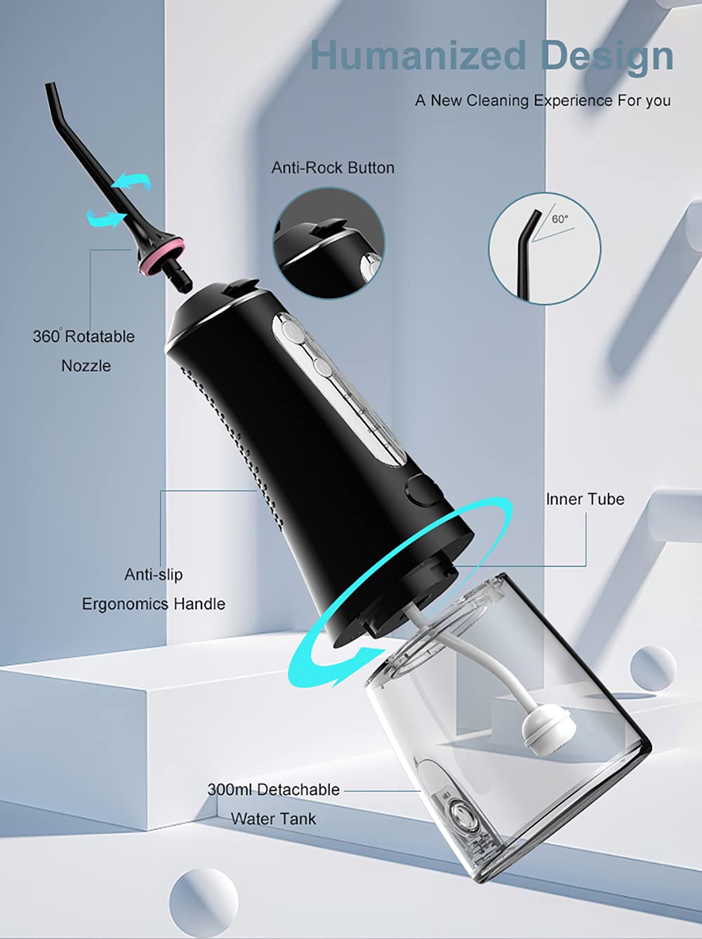 Idropulsore senza fili Irrigatore dentale con modalità fai da te Serbatoio da 300 ml IPX7 Impermeabile Portatile USB Ricaricabile Cleaner per Viaggi Casa Ufficio 6pcs Jet Tips