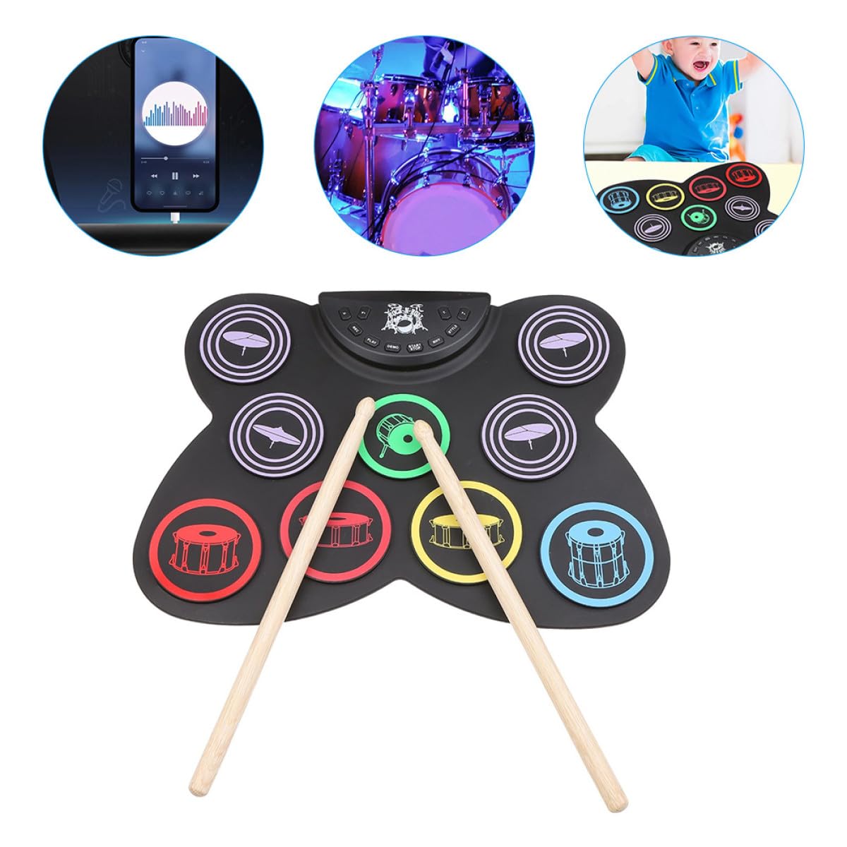 Alipis Set Batteria Elettronica Arrotolabile in Silicone 9 Pad Kit Batteria Pieghevole USB Portatile per e Principianti Strumento Musicale da Allenamento per Casa Scuola e Viaggi
