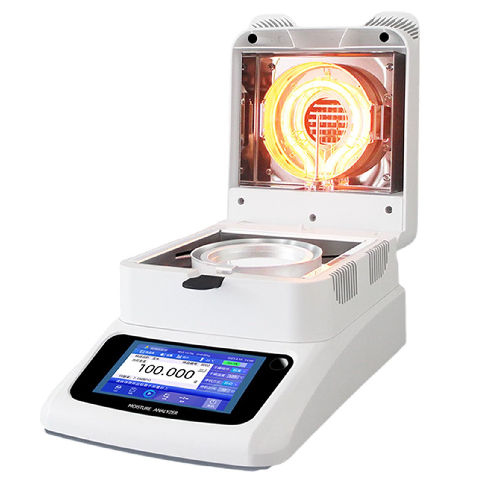 Analizzatore di umidità con riscaldamento alogeno, leggibilità 0,01%, capacità 120g, touchscreen da 5", 3 opzioni di spegnimento, stampante pronta per l'analisi professionale dell'umidità