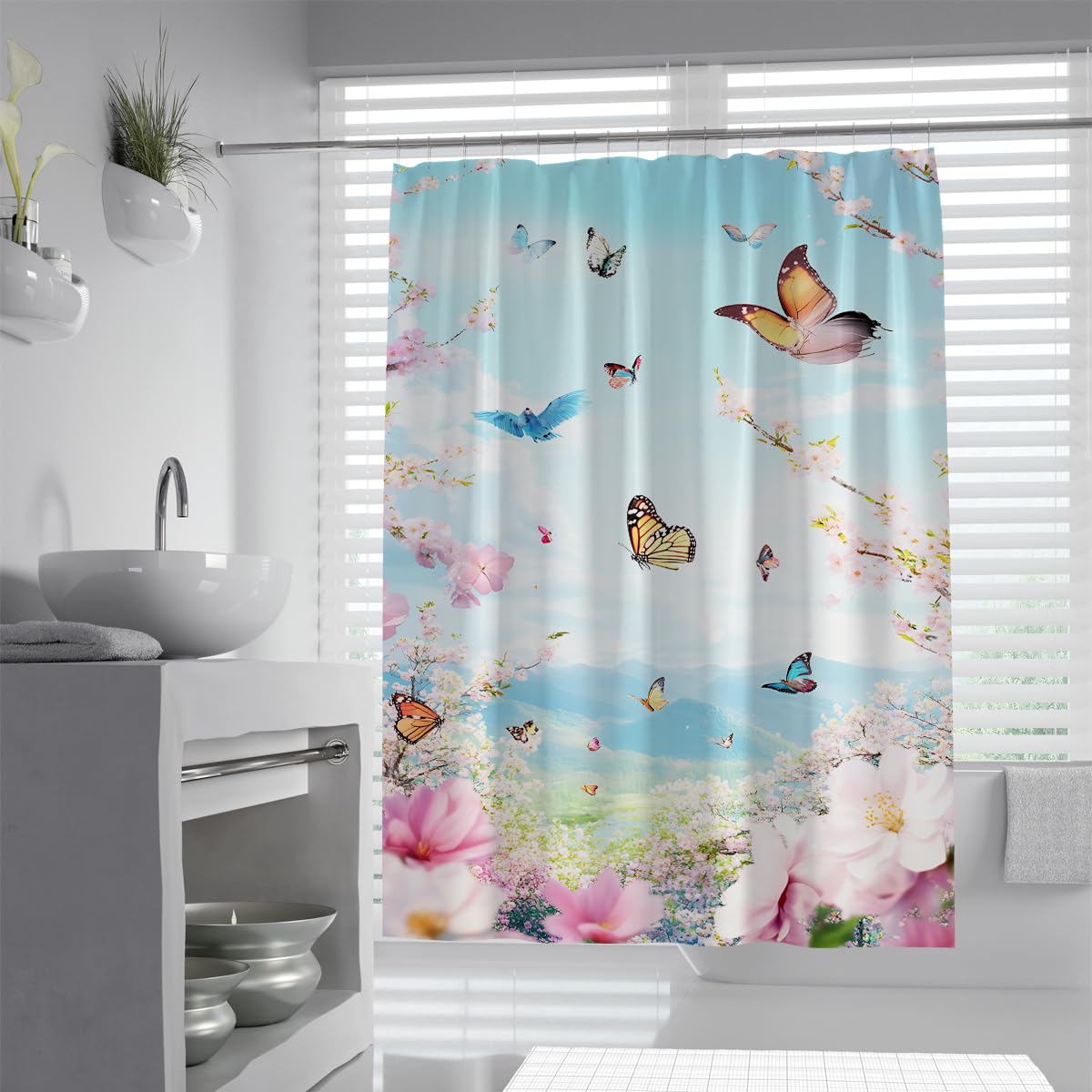 UIRINGART Spring Garden Butterfly Shower Curtain W200xL200cm Sky Blue Background Pink Flower Blossom Meadow Pattern Anti Mould Bath Curtains Rustproof Grommets For Bath Tub