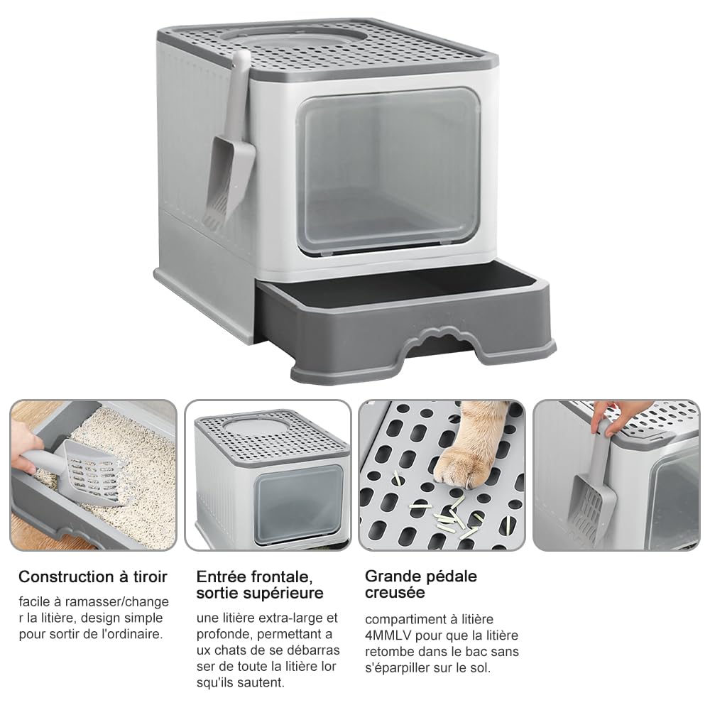 Bac à litière pour Chat Maison de Toilette fermé Pliable Double Porte battante et supérieure + Pelle + tiroir à litière Nettoyage Facile Avant et entrée par Le Haut (50 * 35 * 38CM-Gris)