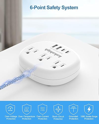 Miniatura 7 de Tira de alimentación pequeña con protector de sobretensiones (1080J), cable de extensión trenzado de 5 pies, protector de sobretensiones blanco de