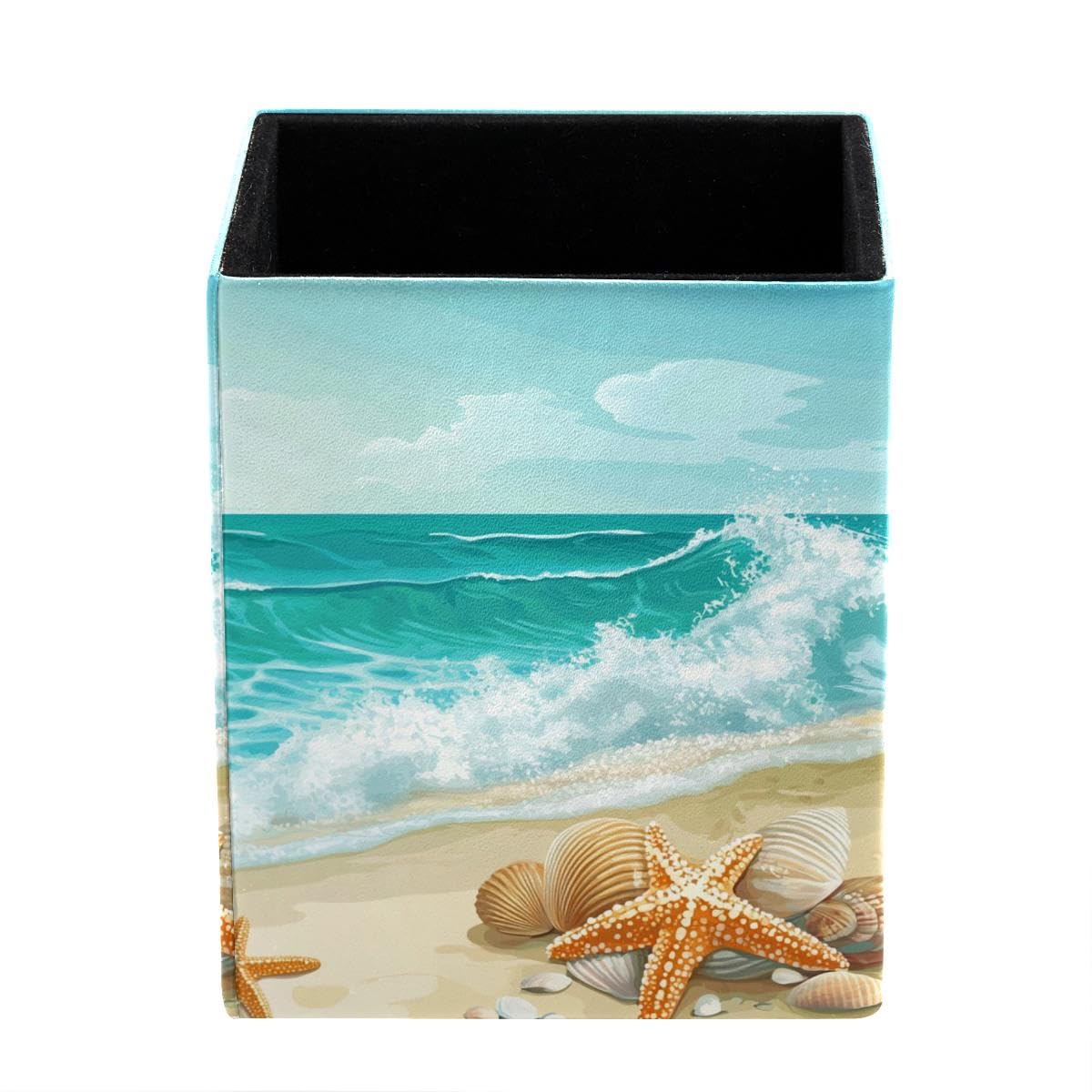 Seashell Starfish Beach Pen Holder Pen Pot, Square Pencil Cup for Desk
