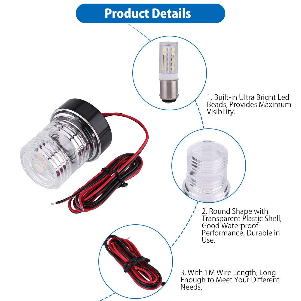Sxhlseller 12V Marine LED Rundumlicht, 360° Bootslicht Wasserdicht IP65 für Boote bis 12m, 2.5W 250LM Weißes Licht, 2 Meilen Sichtweite