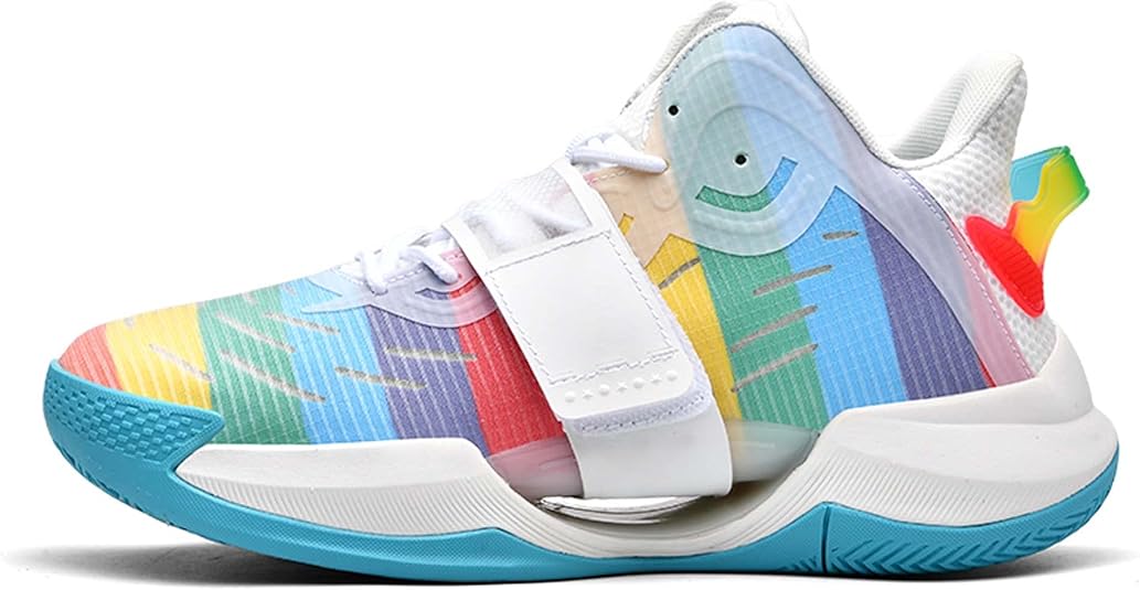 white and rainbow basketball shoes