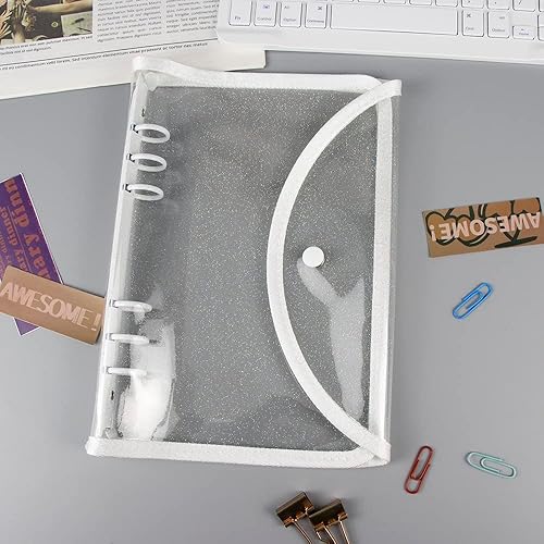 Miniatura 4 de Carpeta A5 con purpurina transparente de PVC suave, carpeta blanca recargable de 6 anillas con cierre de botón a presión para organizador de papel