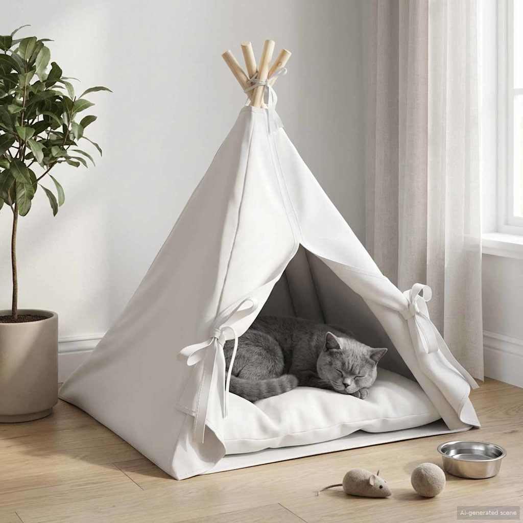 Hothingwell Teepee pour Animaux de Compagnie avec Coussin 60x60x70 cm, tipi Chien intérieur en Polyester, poteaux en pin Massif, Pliable et Facile à Ranger, Rideau avec Cordes de sécurité,