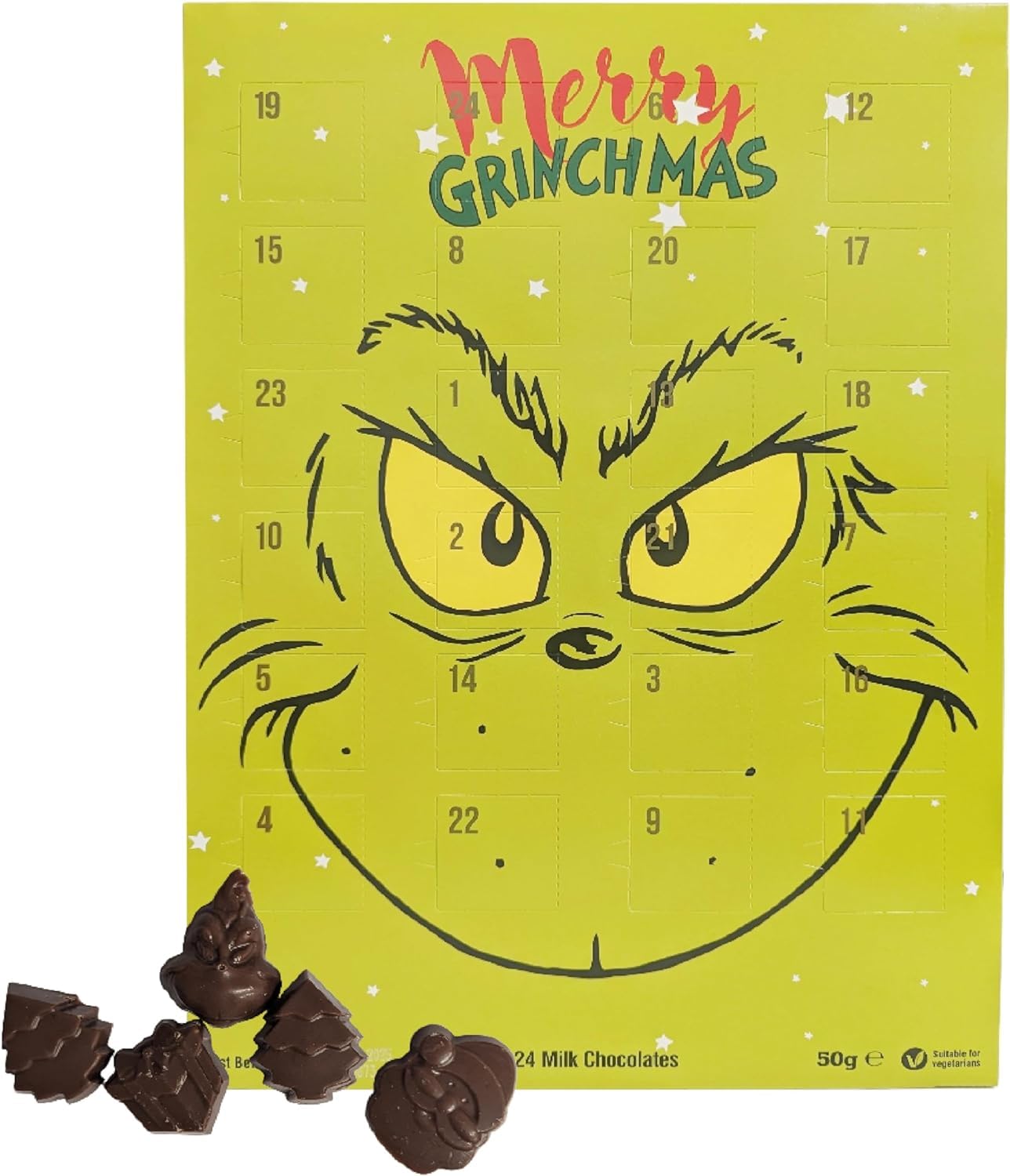 Chocolate Advent Calendar Gift Hamper Christmas Gifts Countdown Cocoa Calendar For Kids or Adults White Milk Dark Chocolate 2023 (Grinch Milk Chocolate)