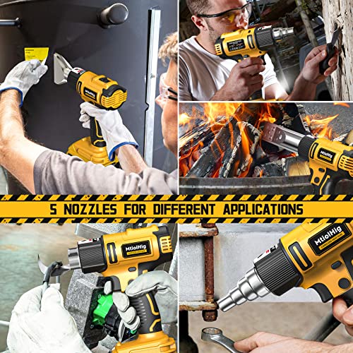 Heat Gun Cordless For Dewalt 18V/20V Battery, Mtiolhig 122℉-1022℉ Variable Temperature Battery Powered Heat Gun With 5Pcs Different Nozzles For Shrink Wrap, Shrink Tubing,Paint Removal(No Battery) #TOP6