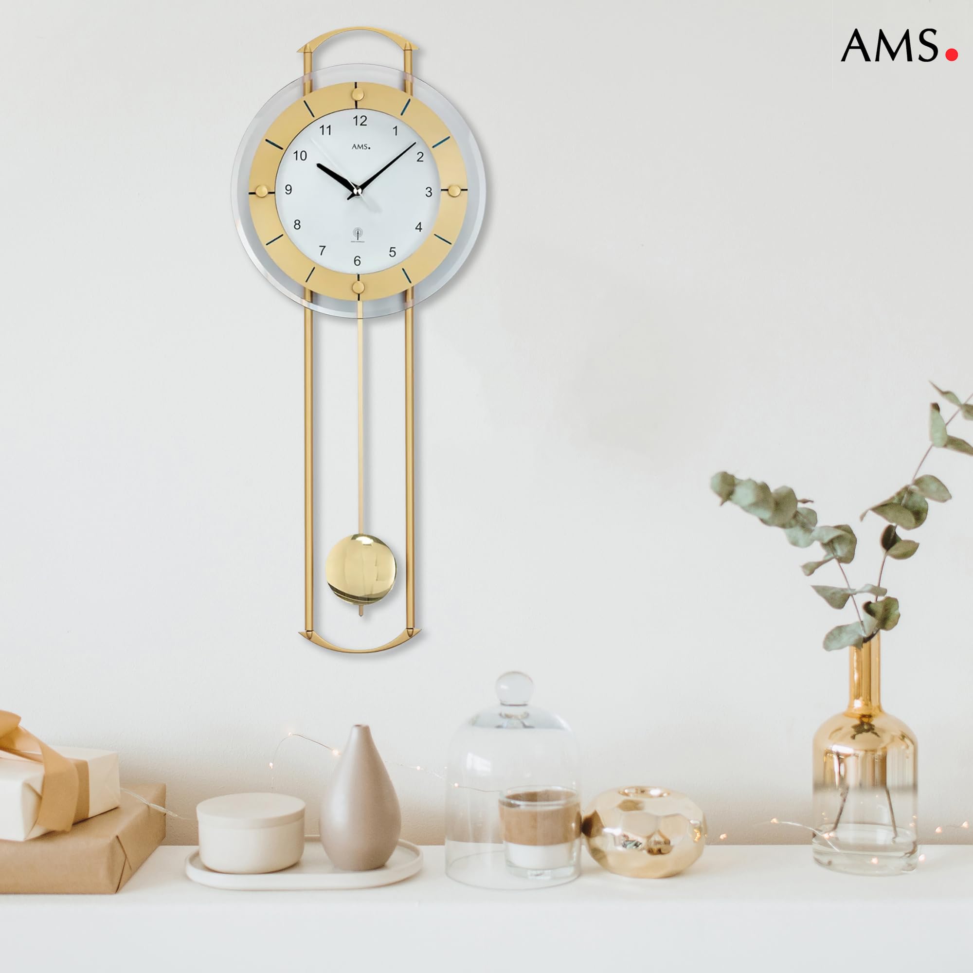AMS 5255 Wanduhr - mit Funkpendelwerk, Elegante Funkpendeluhr, Uhr mit Pendel, Funkwanduhr mit arabischen Ziffern, Facettiertes Mineralglas, Pendeluhr für Wohnzimmer & Büro, Maße: 24 x 60 x 6 cm