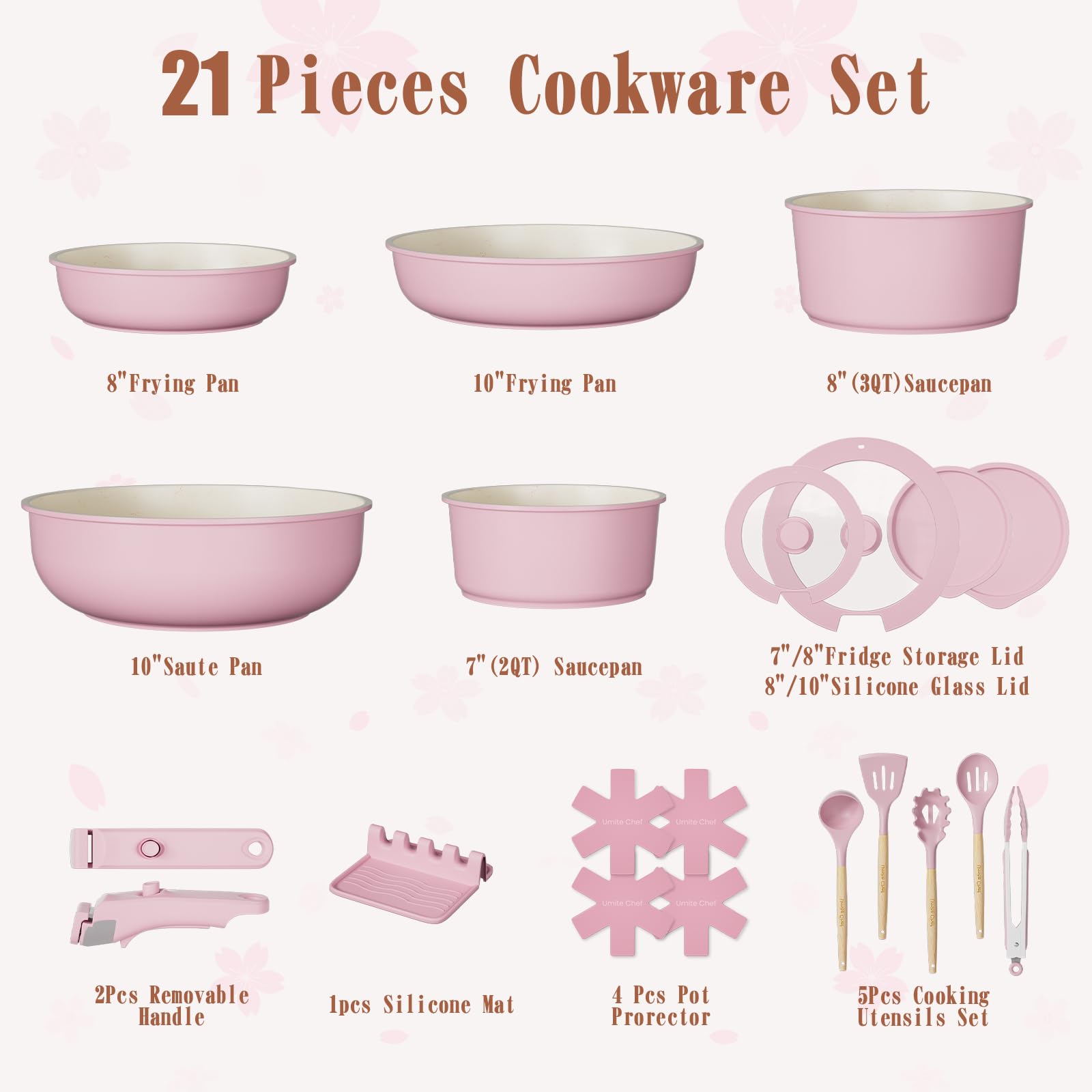 Close-up of the Umite Chef cookware set showcasing the detachable handle mechanism and the pink ceramic non-stick interior.