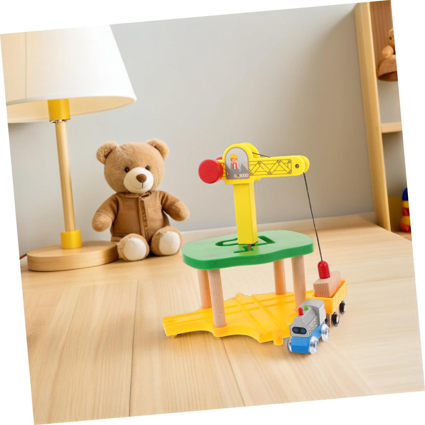 1 Juego de Tren grúa de Madera para niños con Motor de inspección de simulación, Modelo de grúa ferroviaria DIY, Accesorios de expansión de vías de Tren.