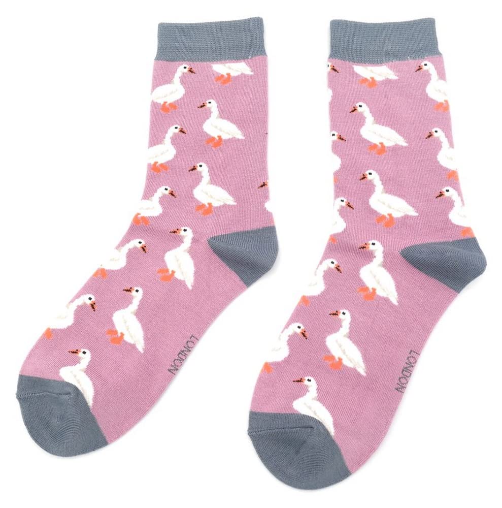 Lilyrosa Women's Purple White Duck Design Socks One Size 3-7 Bamboo Blend Crew Mid Calf