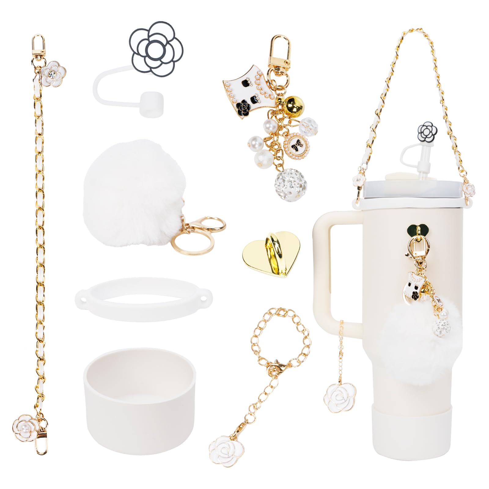 KMYOUONEO Compatible with Stanley Cup Accessories 8PCS Set for 40oz 30oz Tumbler, Leather Handle Strap, Fashion Pearl Charms, Flower Straw Topper