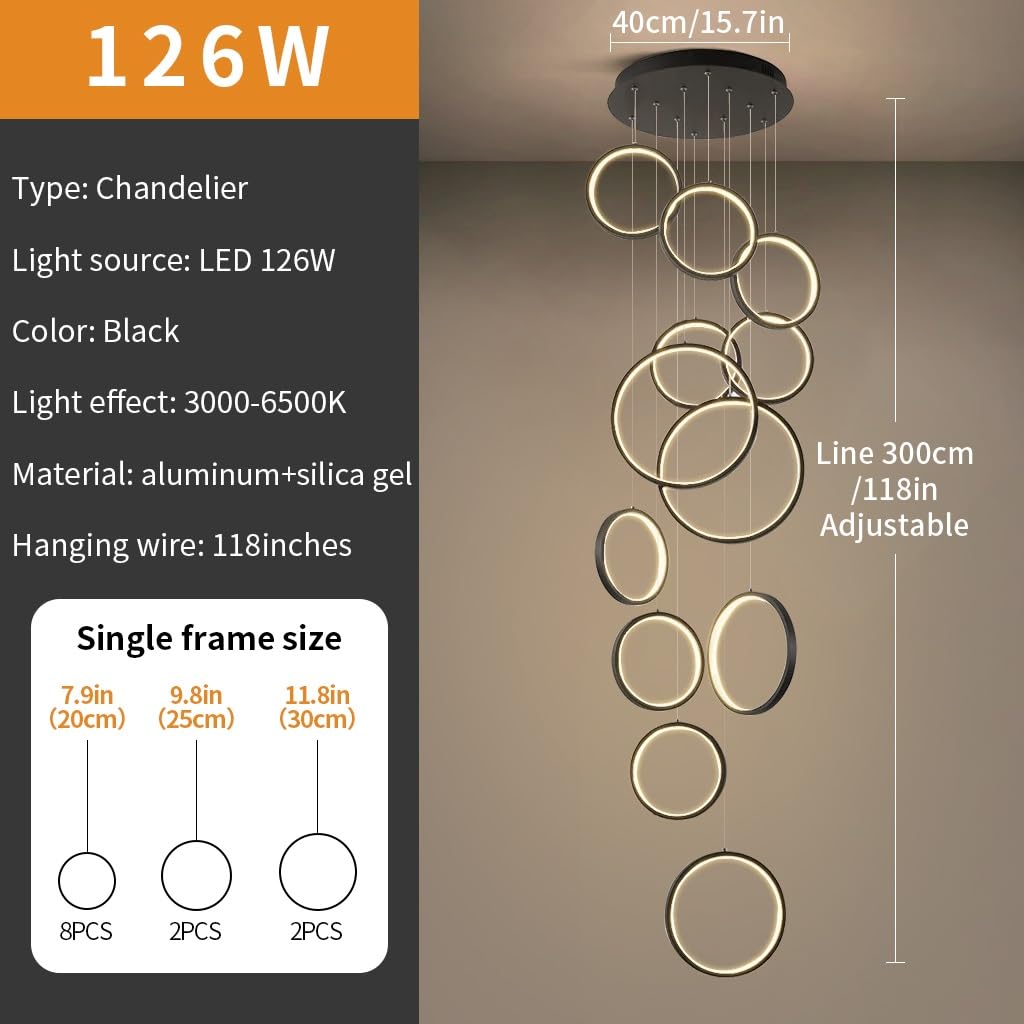 Lámpara Colgante LED Moderna Regulable Tipo araña - 18 Anillos Ajustables con Control Remoto, Luces de Techo de 195 W para escaleras, Sala de Estar, Entrada de Hotel y vestíbulo.