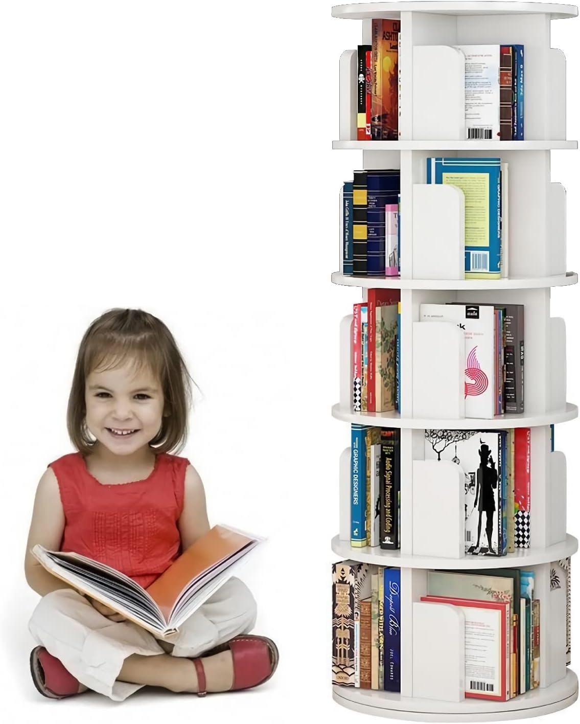 tonchean 360° Rotating Bookshelf Bookcase 5 Tiers Bookshelf White Tall