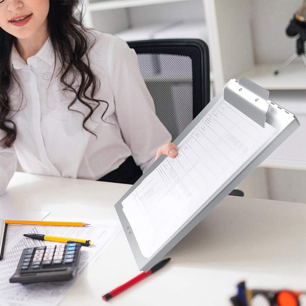 Presse-Papiers en Métal Argenté Double Couche avec Rangement, Organiseur de Papier, Loquet Autobloquant pour Format Lettre