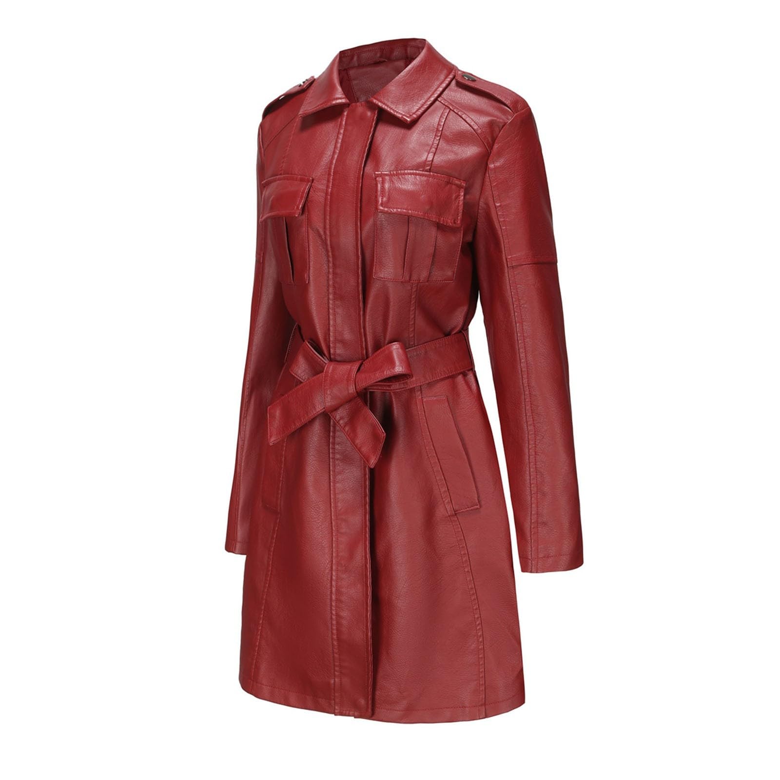 Blouson Cuir Mi-Long à Ceinture pour Femmes, Veste Coupe-Vent Manches Longues, Manteau Britannique Tendance, pour Sorties, Soirées et Tenue Rock
