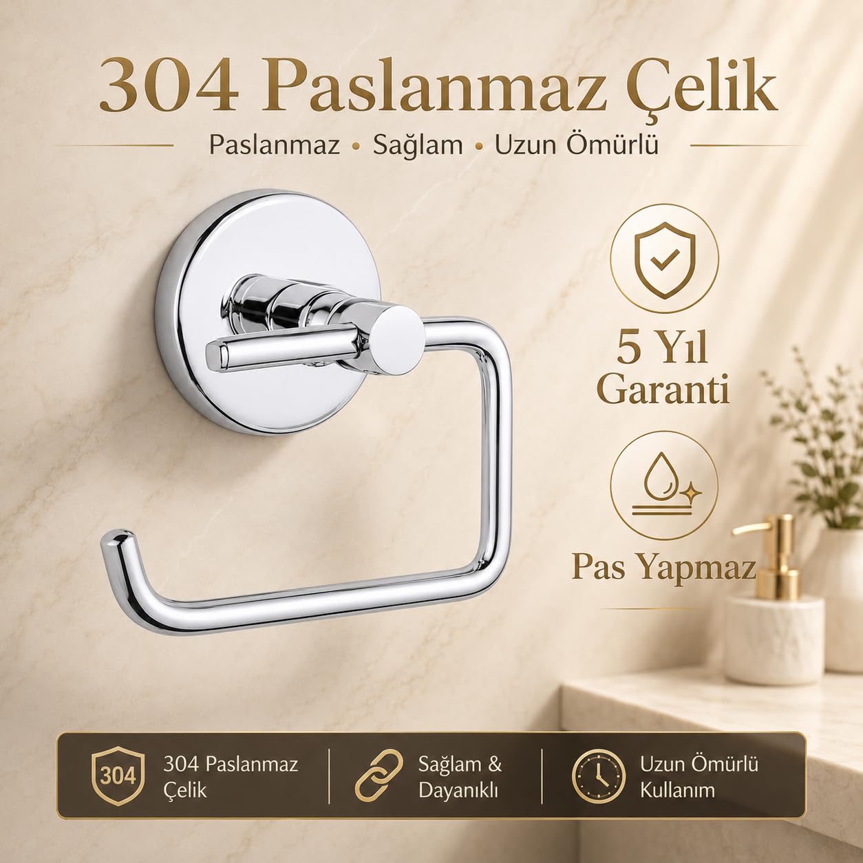 Alper Banyo Tuvalet Kağıtlığı 304 Paslanmaz Çelik, 5 Yıl Garantili, Yapışkanlı ve Vidalı Montajlı, Krom Banyo Wc Kağıt Havluluk