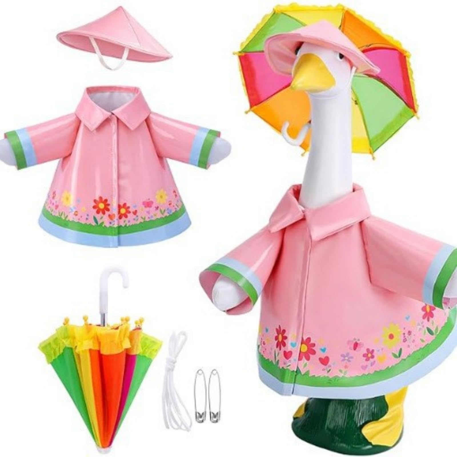 FANSU Porch Goose Outfits with Hat, Lawn Goose Clothes for 23 Inch Cement Goose Statue, Colorful Raincoats Funny Seasonal Garden Goose Costumes, Weatherproof Outdoor Porch Decor (pink,58cm)