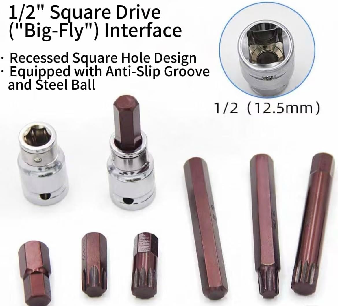 15 Pc. 1/2" Drive Hex Bit Socket Set,S2 hexagonal socket wrench, electric wrench, hexagonal screwdriver bit, screwdriver, socket wrench, auto repair tool set