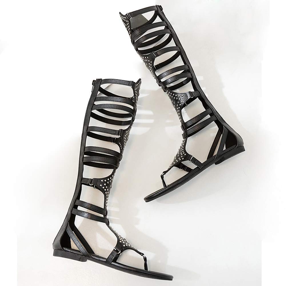 Damen Knie Hoch Römische Gladiator Sandalen Nieten Besetzt Riemchensandalen Reißverschluss Zehensandalen