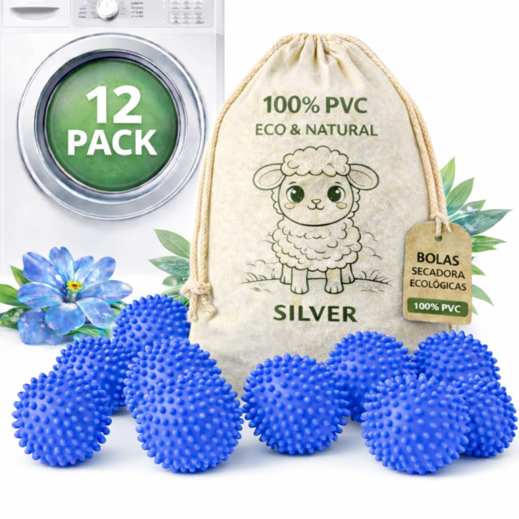 SILVERSTORE® 12 Pack - Bolas Secadora De Ropa - Pelotas Secadora De Ropa - Suavizante Natural Con Bolsa De Almacenamiento - Reducen Las Arrugas De La Ropa y Secado - Secadora Lavadora (Azul)