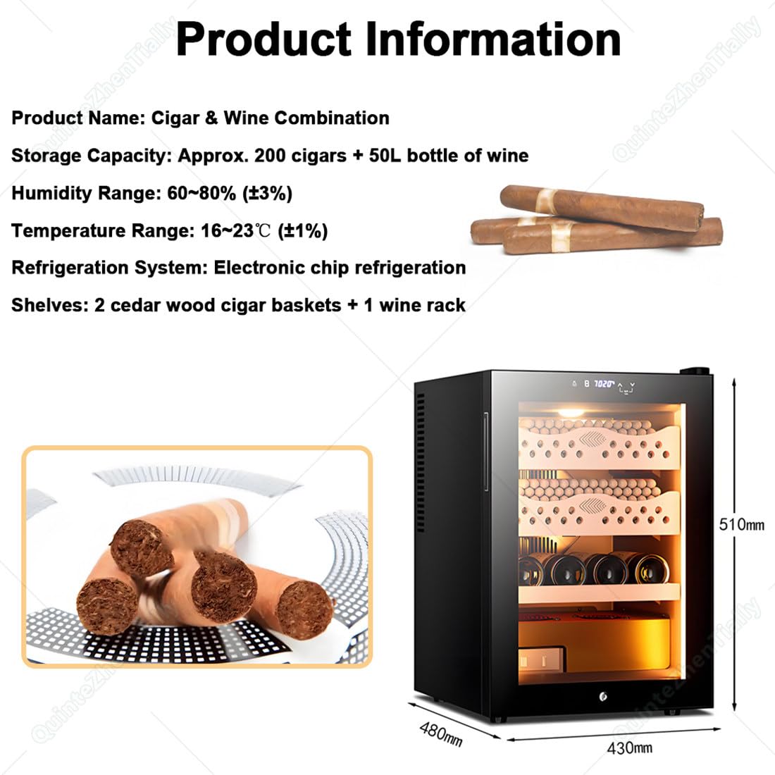 Elektronische Humidor,50 Liter,Geschikt Voor 200-300 Sigaren CigarWine