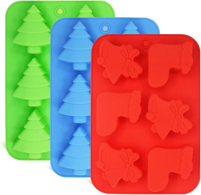 3 Pack Christmas Moulds, FineGood Silicone Moulds Christmas Trees Socks Bells Muffin Trays Cake Baking Moulds for Holiday Cakes, Candies, Chocolates Soap