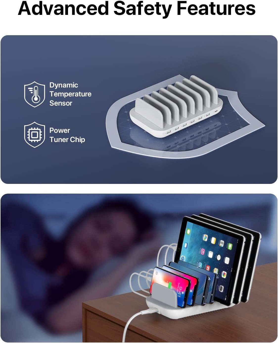 SooPii Station de Charge 70W à 5 Ports avec Port USB C Rapide pour Plusieurs appareils, chargeurs de Bureau à Chargement par Induction sans Fil pour lPhone lPad Samsung Xiaomi Huawei, 5 câbles Inclus