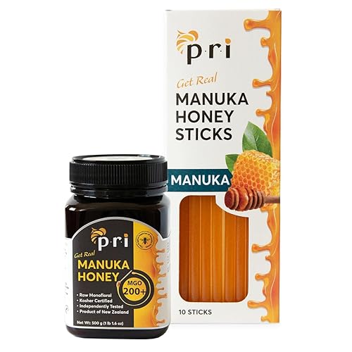 Paquete de miel de Manuka PRI tarro de miel de Manuka PRI (MGO 200+, 1.1 lb) y palitos de miel de Manuka PRI (MGO 60+, 10 unidades) - Auténtica y
