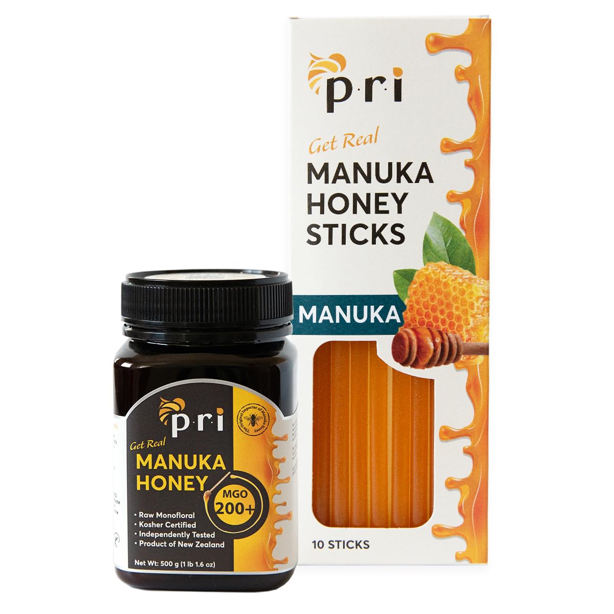 PRI's Manuka Honey Bundle: PRI Manuka Honey Jar (MGO 200+, 1.1lb) and PRI Manuka Honey Sticks (MGO 60+, 10ct) - Authentic and Pure New Zealand Manuka Honey