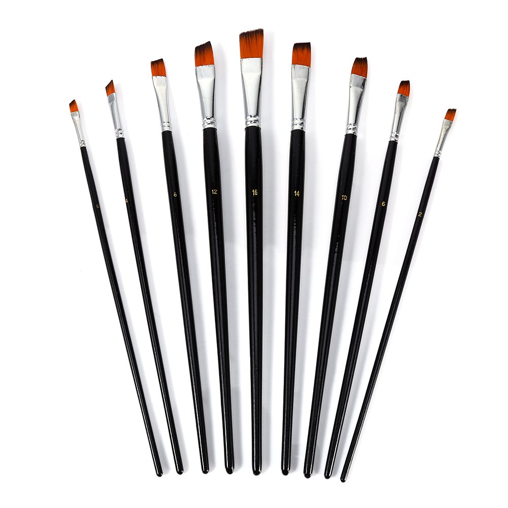 Respicefinem 9 Pieces Nylon Oblique Flat Tipped Watercolor Paint Brushes Set Oil Paint Brushes Inclined Plane Wooden Long Handle Paint Brush Acrylic Paint Brushes