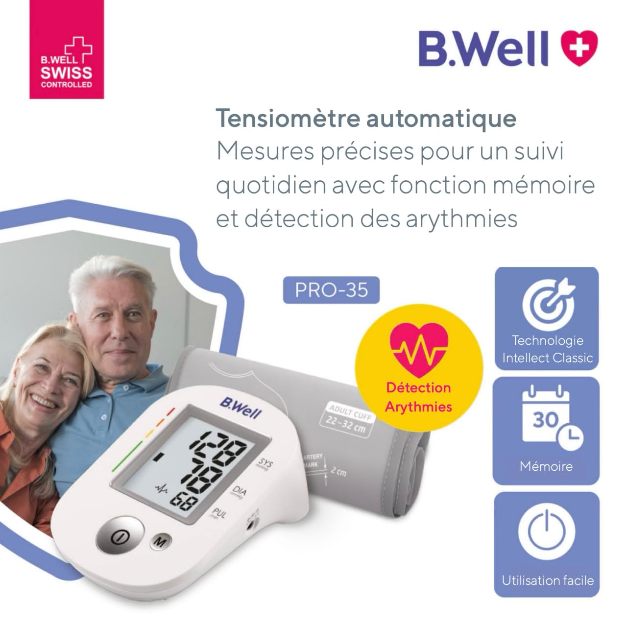 B.Well PRO-35 Tensiomètre automatique - Mesure tension, mémoire 30 valeurs | Qualité suisse et validation clinique • Détection de l'arythmie • Échelle couleur OMS - brassard anatomique M (22-32 cm)