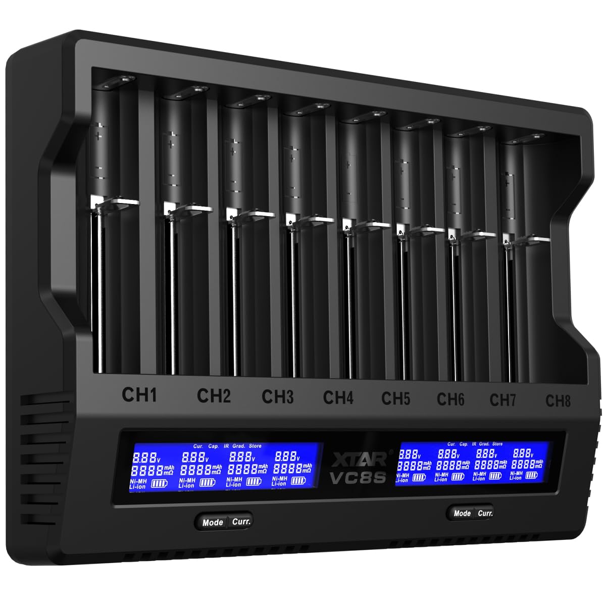 XTAR VC8S 18650 Chargeur de batterie universel, USB C, chargeur rapide avec écran LCD, test de capacité et 8 emplacements de charge pour batteries rechargeables 1,2 V AA 21700 26650, chargeur de