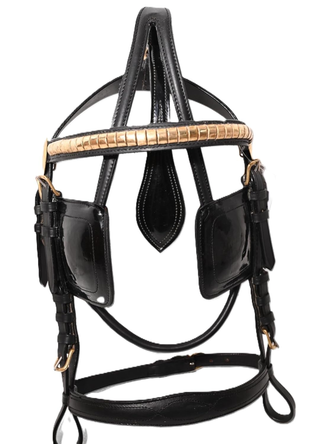 NUEVO DRAFT CABALLO DE CONDUCCIÓN DE PIEL DE CABALLO PATENTE DE PIEL ORO (COLOR NEGRO) (X-FULL)