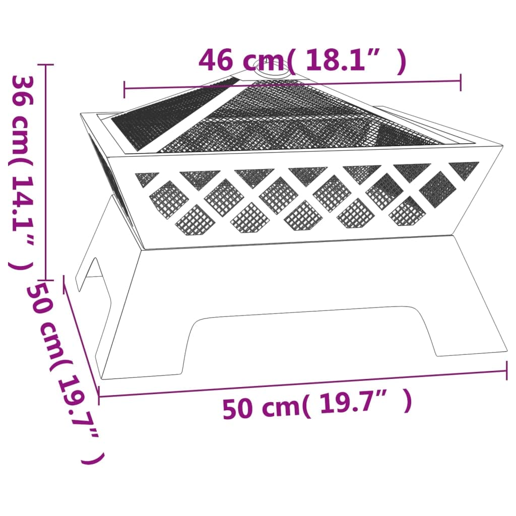 Mangloder - Brasero con atizador, 50 cm, XXL, acero negro, para jardín y terraza, con protección contra chispas y cubierta de red, para leña y calor acogedor