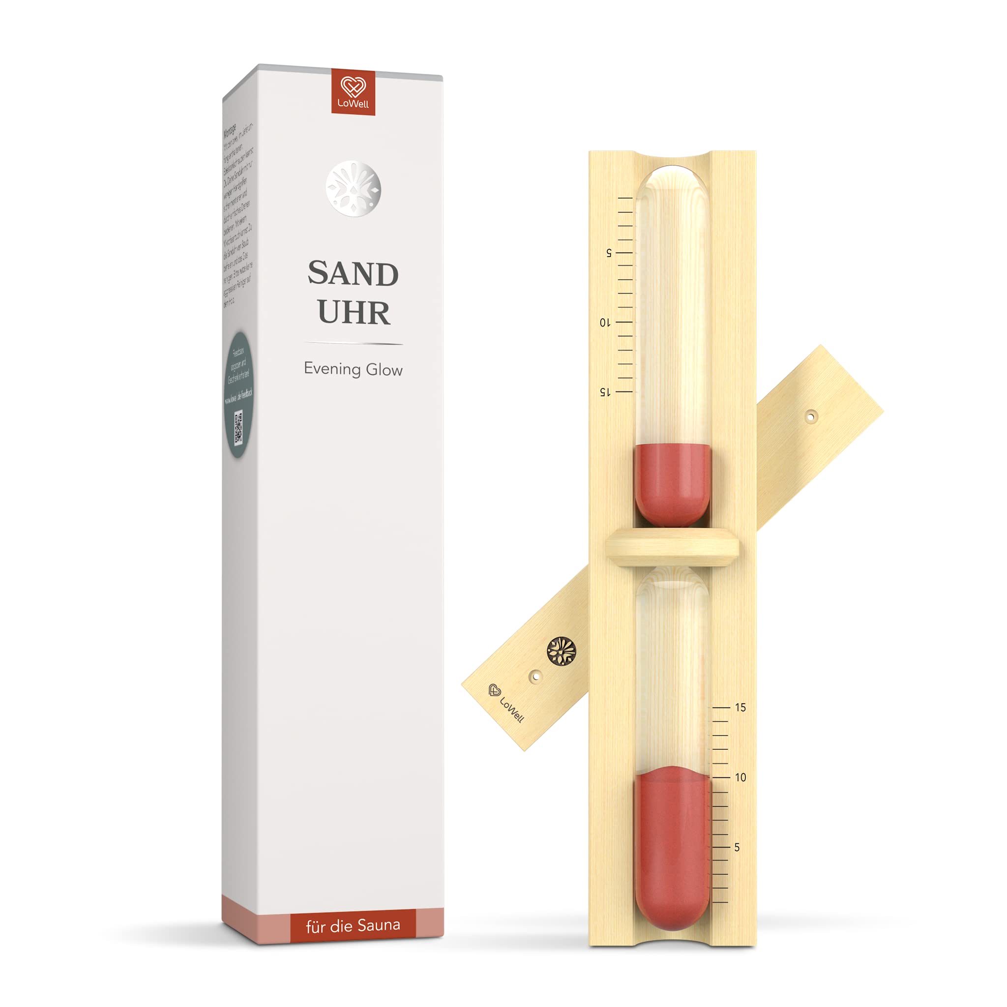 LoWell® Sauna Sanduhr - Evening Glow Saunauhr - Roter Sand Sauna Uhr - Ideales Sauna Zubehör - Aus natürlichem Eschenholz hochwertige Verarbeitung - Robust und Hitzebeständig - 15 min
