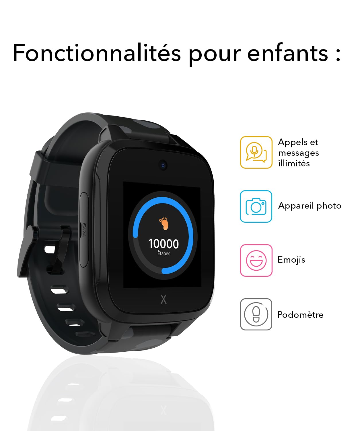 XPLORA XGO 3 - Montre connectée pour Enfants (avec SIM) – 4G, Appels, Messages, Mode école, Fonction SOS, localisation GPS, Appareil Photo, podomètre - incluant 3 Mois d'abonnement Gratuit (Noir)